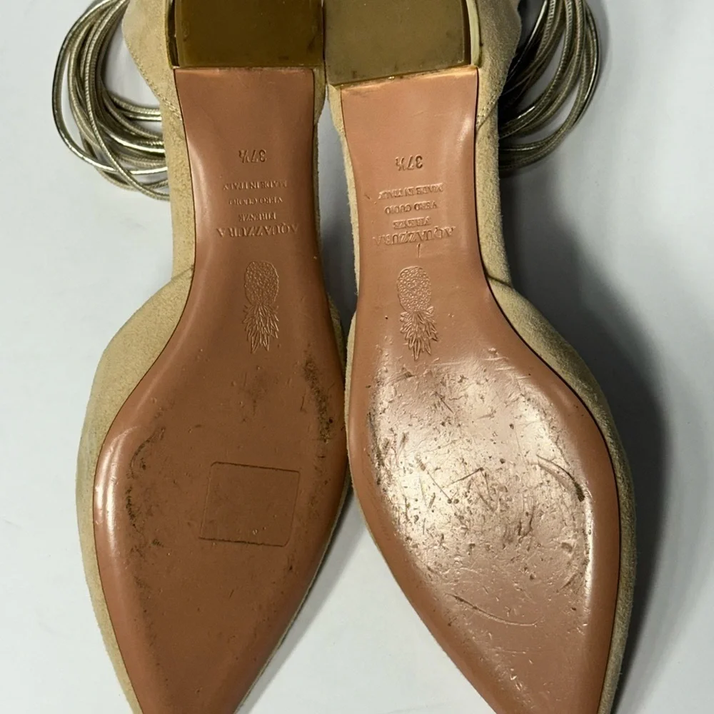 Elegant Beige Ankle Strap Flats ACUAZZURA 7.5 size pre owned good conditions